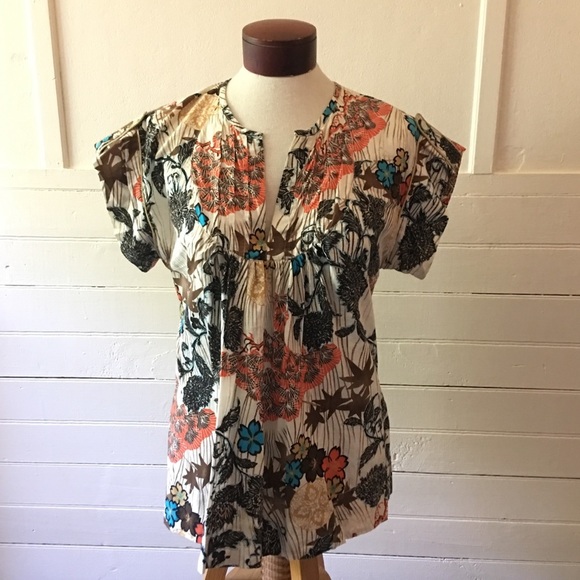 Hawaiian Floral Boho Gold Trim Pleated Yoke A-Line Boho Chic Blouse Billtornade - Picture 5 of 9